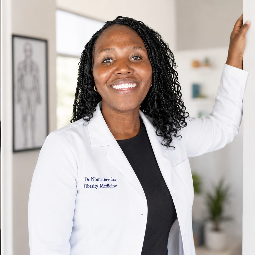 Dr Nomathemba Chandiwana in a white medical coat embroidered with Dr Nomathemba Obesity Medicine